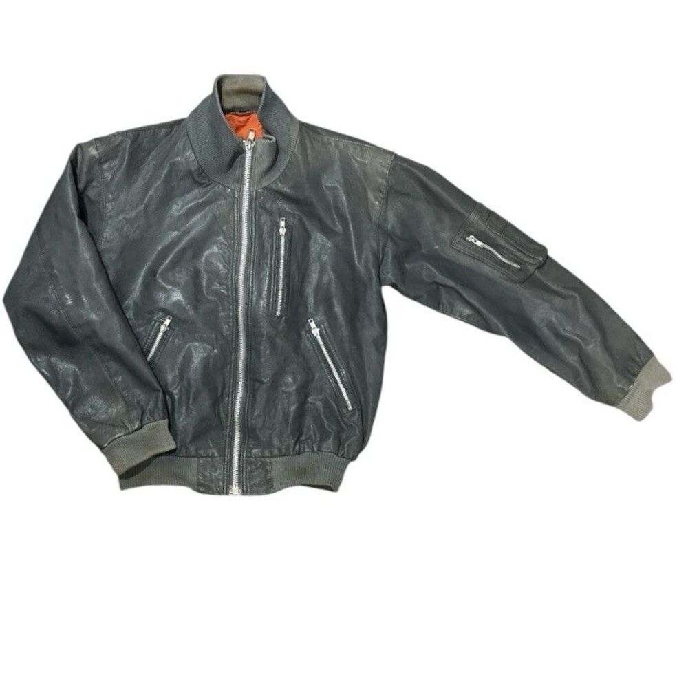 Vintages 80s Echtes Leder Distressed Gray Leather Bomber Jacket Orange Mens 50 M
